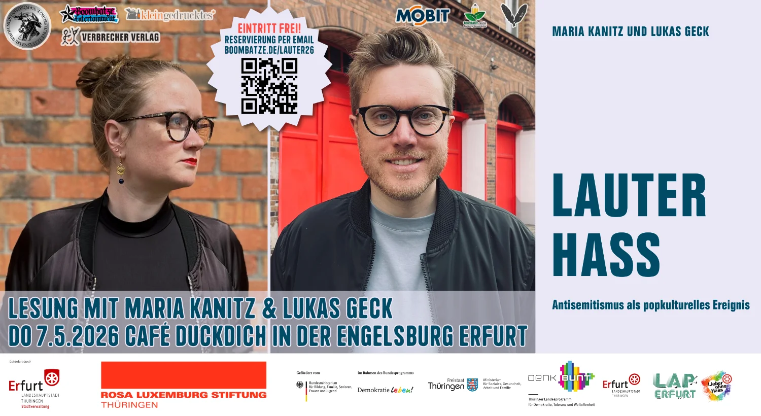 Lesung mit Maria Kanitz & Lukas Geck: „Lauter Hass. Antisemitismus als popkulturelles Ereignis“ | Café DuckDich Erfurt